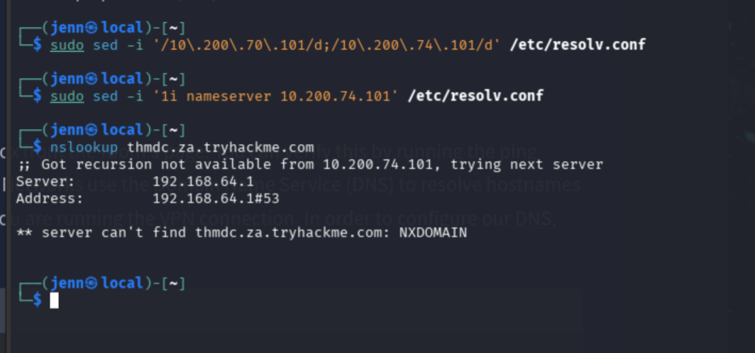 resolv.conf updated with THMDC nameserver, DNS resolving correctly